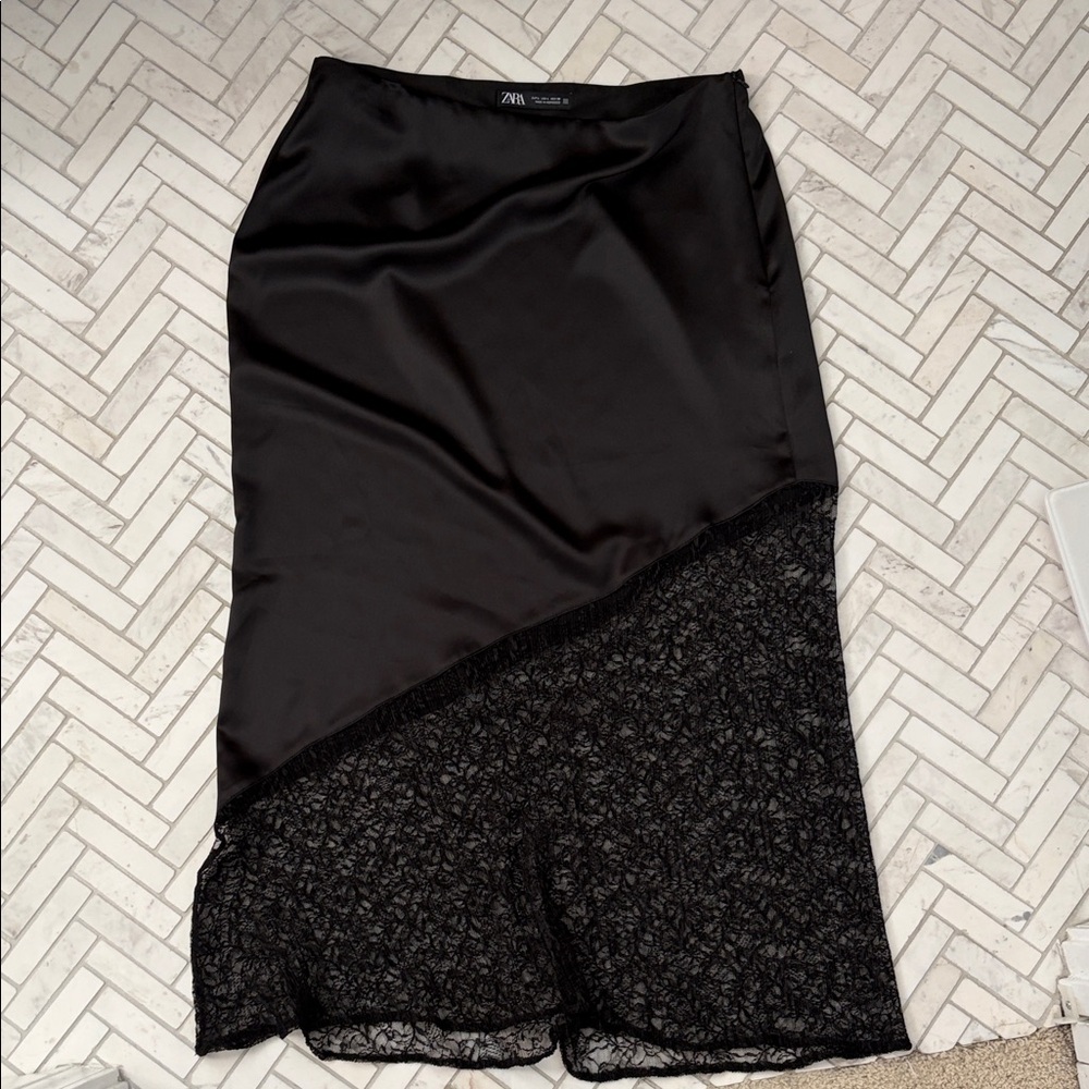 Zara Asymmetrical Black Skirt with Lace Overlay